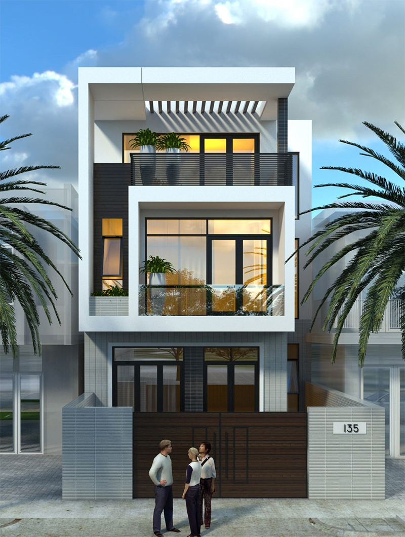 Thiết kế nhà 3 tầng 5m mái bằng mang lại vẻ đẹp hiện đại, trẻ trung