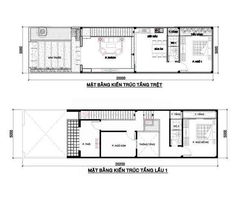 Bản vẽ file cad nhà phố 2 tầng 5x20m