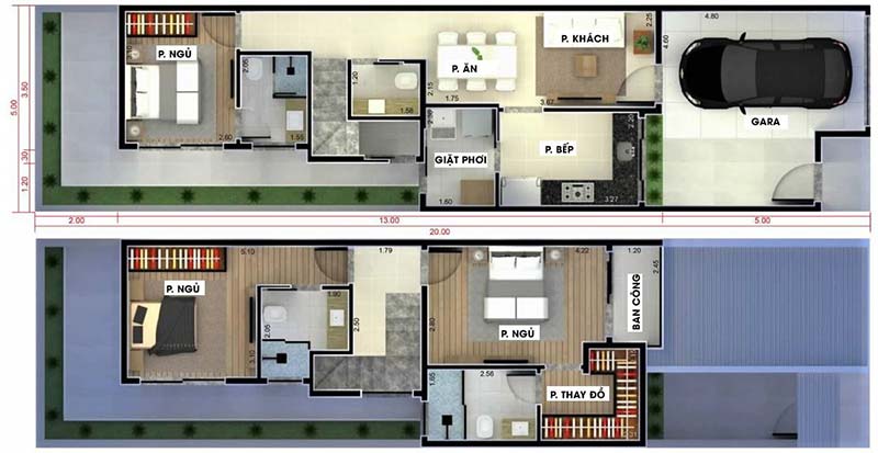 Bản vẽ file cad nhà phố 2 tầng 5x20m