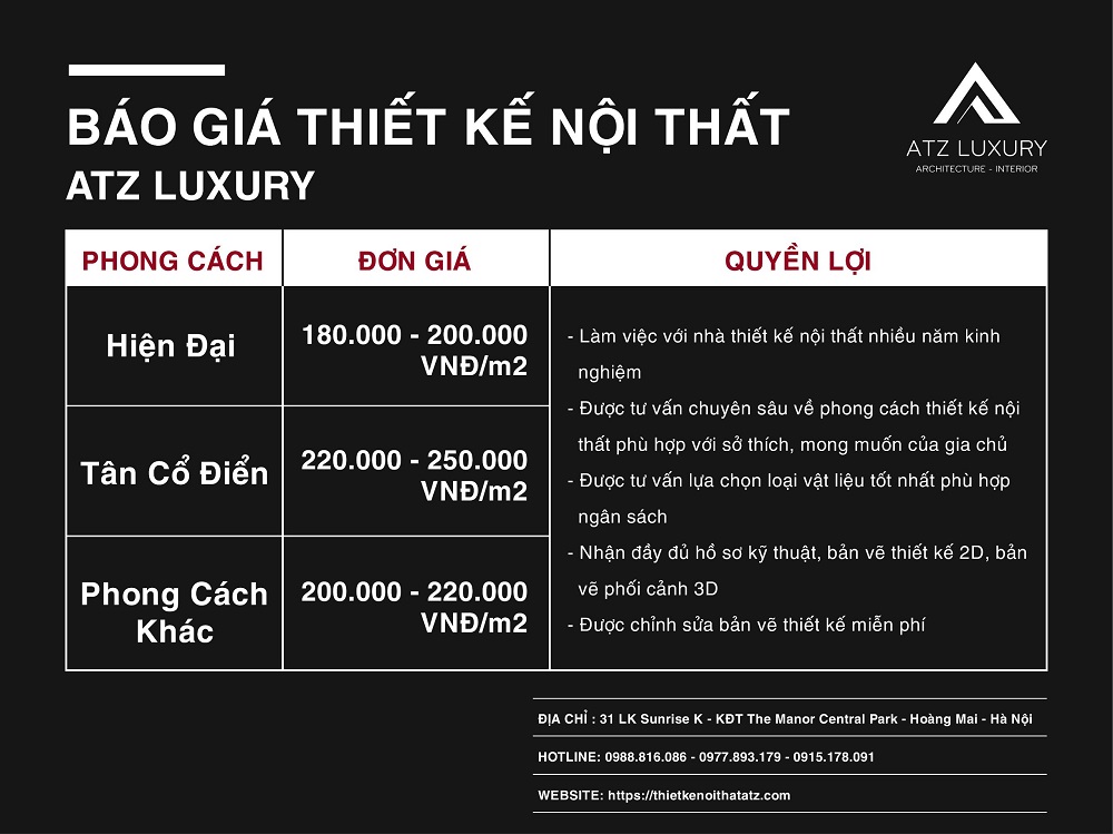 bảng báo giá thiết kế nội thất atz luxury