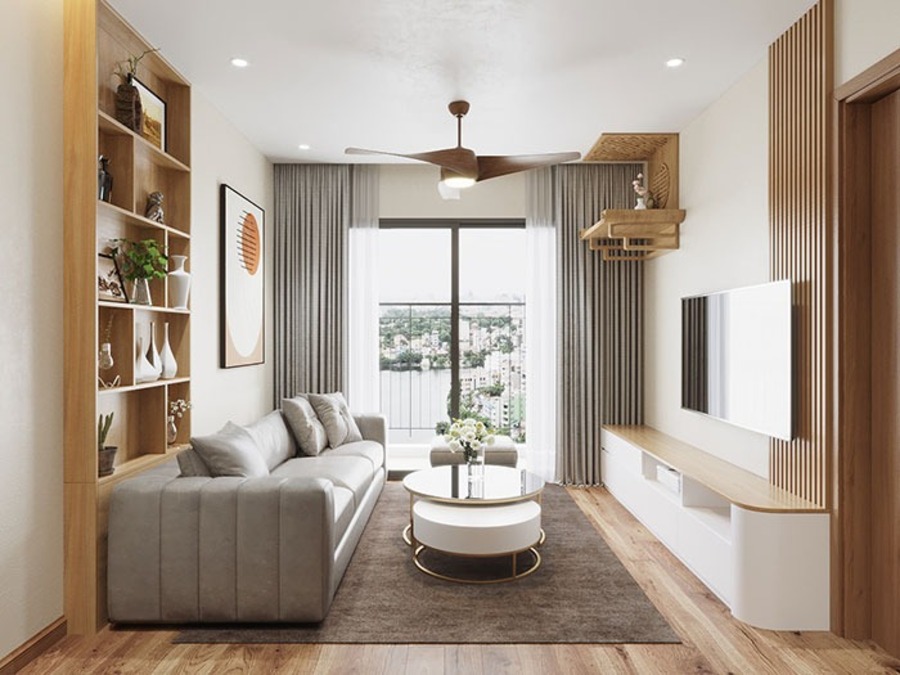 Phòng khách căn hộ chung cư 50m2 sử dụng chất liệu gỗ tự nhiên