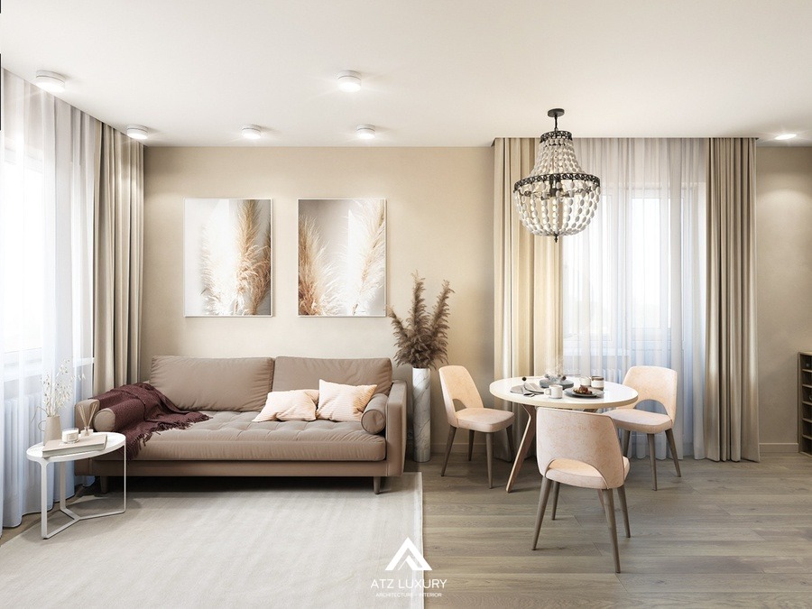 Phòng khách căn hộ chung cư 60m2 phong cách luxury