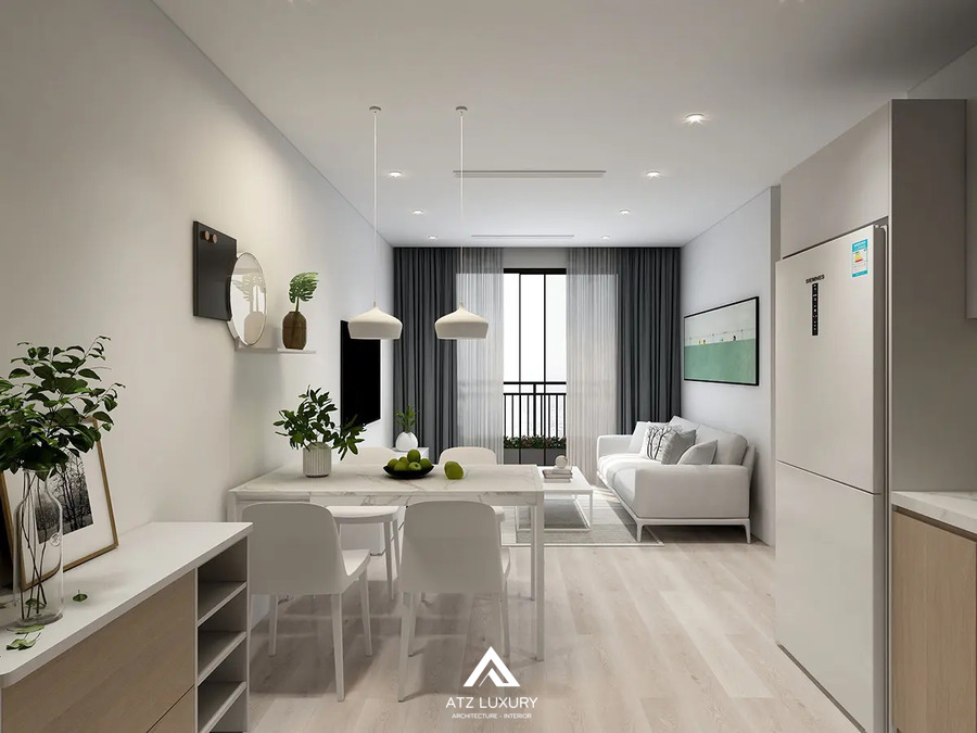 Phòng khách chung cư đẹp đơn giản theo tông màu trắng tinh tế