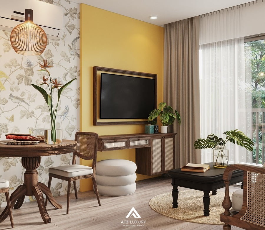 Phòng khách chung cư phong cách Indochine kết hợp Tropical