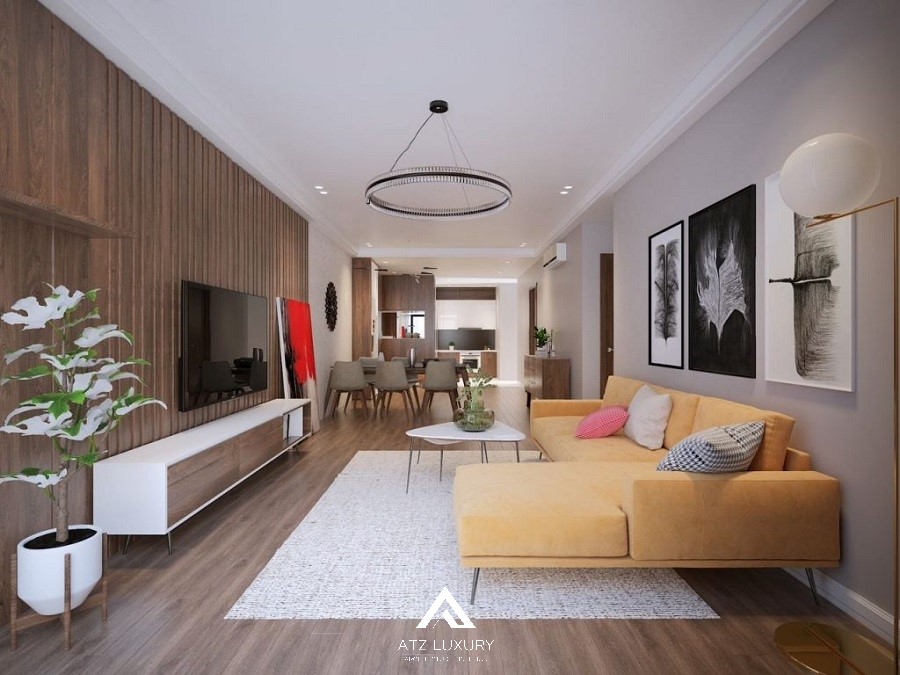 Phòng khách sử dụng thảm trên nền gỗ giúp làm nổi bật không gian