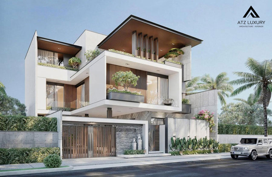 Biệt thự nhà vườn mái bằng hiện đại 2 tầng