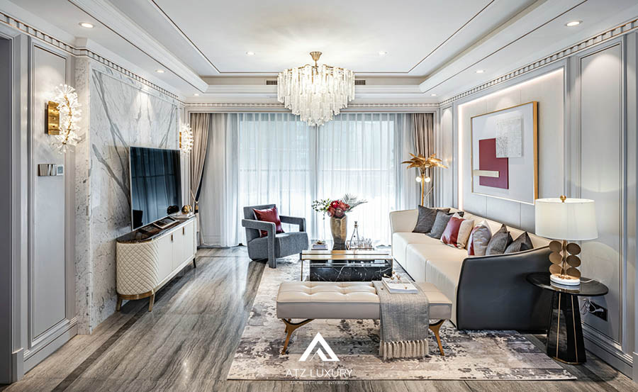 Mẫu thiết kế nội thất phòng khách 20m2 phong cách Châu Âu