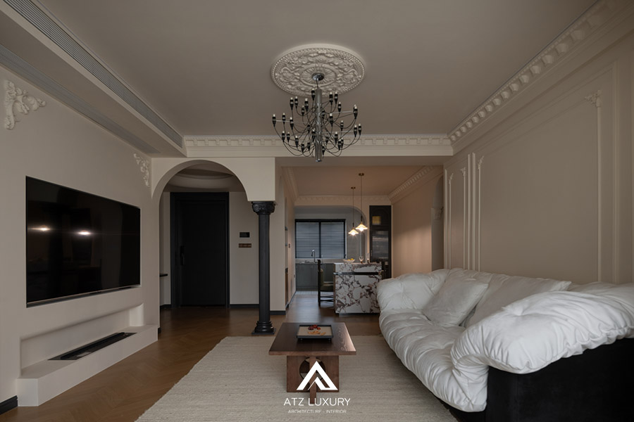 mẫu thiết kế nội thất phòng khách 20m2 kiểu Pháp