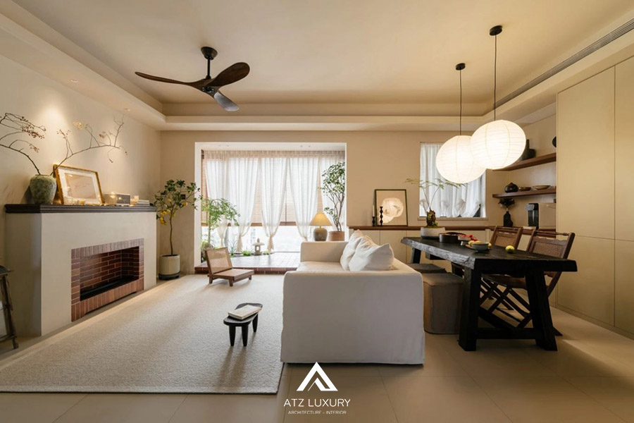 mẫu nội thất phòng khách 20m2 phong cách wabi sabi