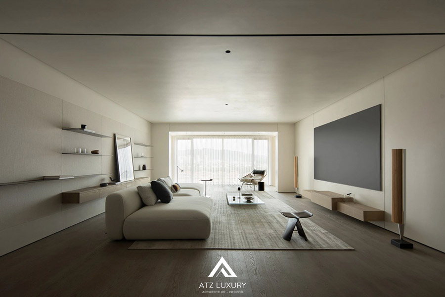 thiết kế phòng khách 20m2 tối giản