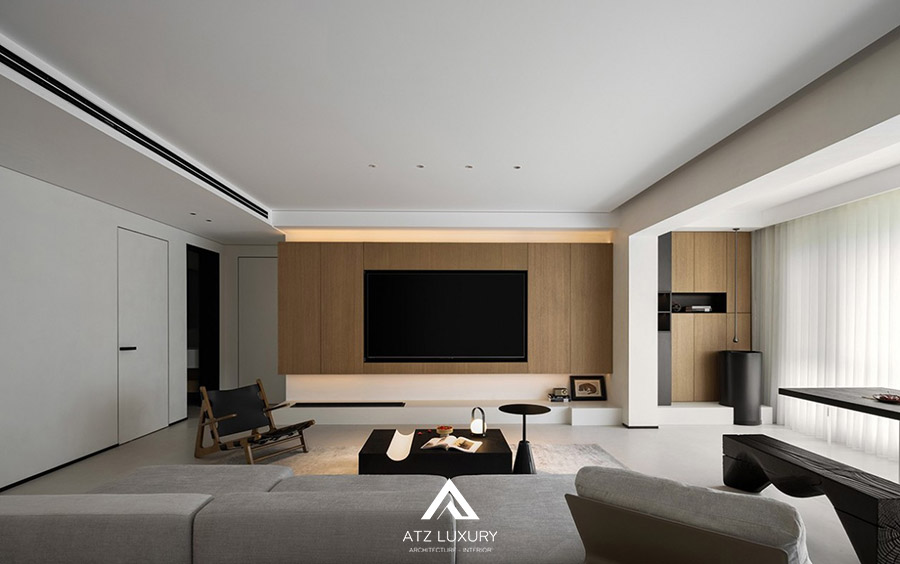 thiết kế nội thất phòng khách 20m2 tối giản