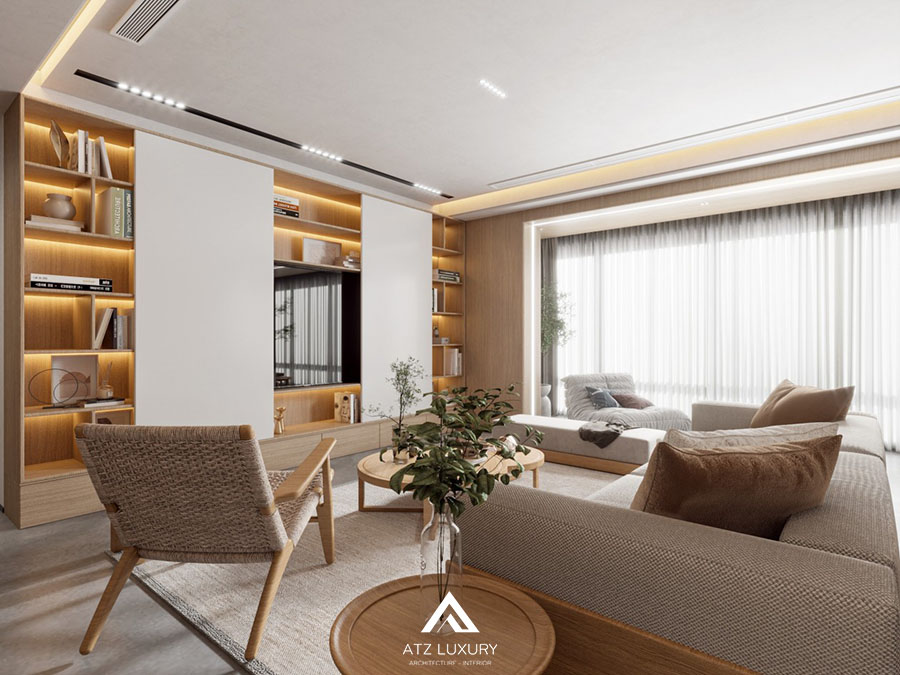 thiết kế phòng khách 20m2 phong cách Nhật