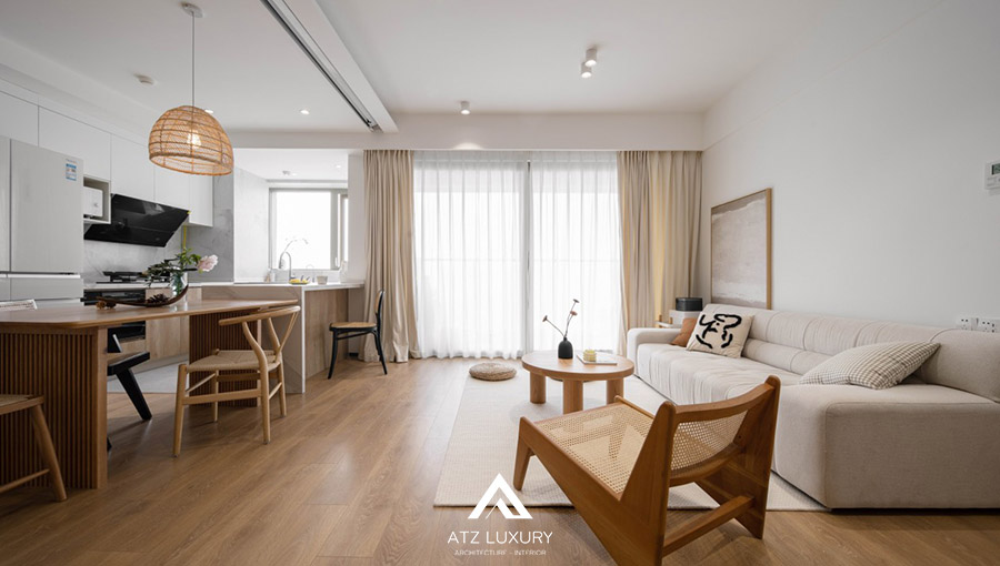 nội thất phòng khách 20m2 phong cách Nhật