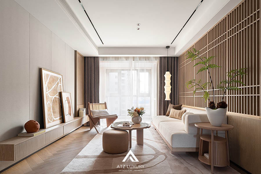 thiết kế thi công phòng khách 20m2 phong cách Nhật