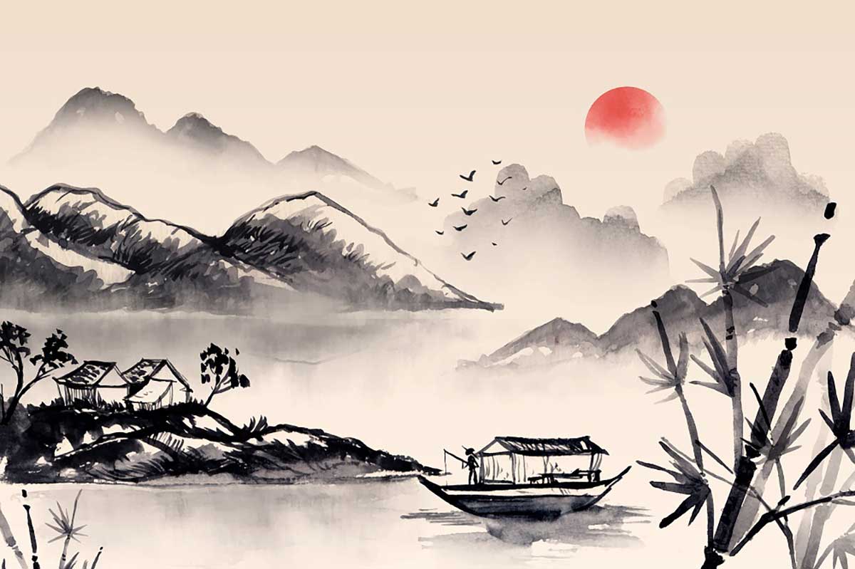 tranh thuy mac trong phong khach nhat ban