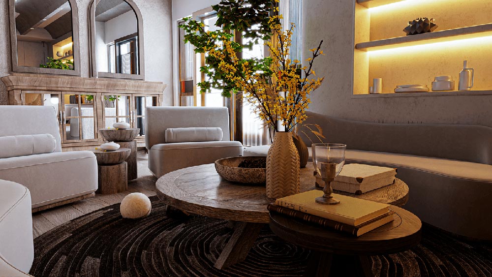 Mẫu phòng khách biệt thự phong cách Wabi Sabi