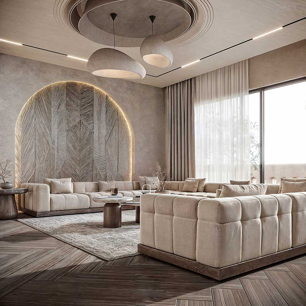 Nội thất phòng khách nhà phố Wabi Sabi 20m2