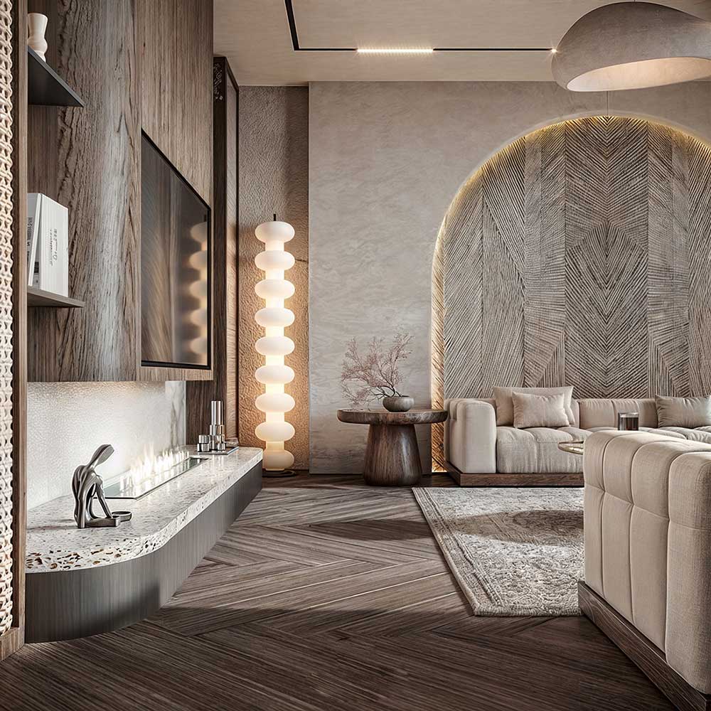 Nội thất phòng khách nhà phố Wabi Sabi 20m2