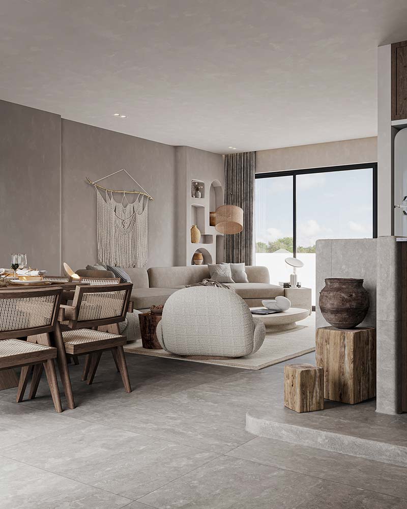 Phòng khách căn hộ phong cách Wabi Sabi