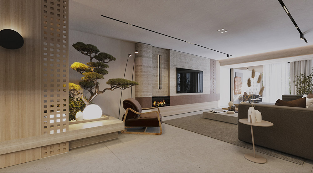 Phòng khách liền bếp 40m2 phong cách Japandi cho nhà phố