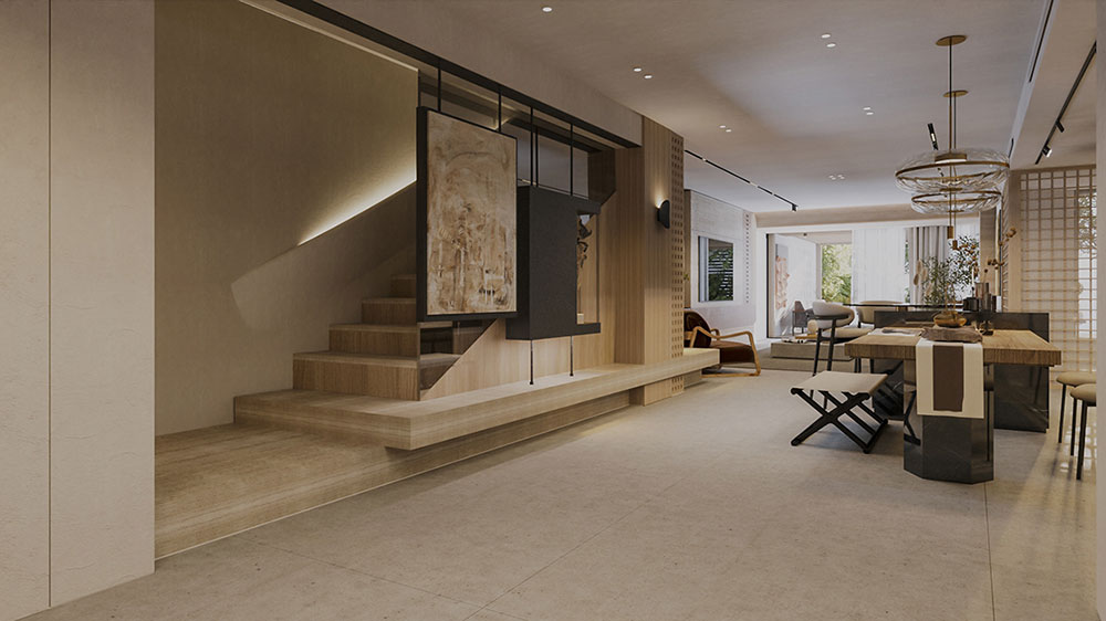 Phòng khách liền bếp 40m2 phong cách Japandi cho nhà phố