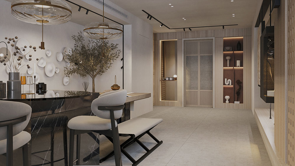 Phòng khách liền bếp 40m2 phong cách Japandi cho nhà phố