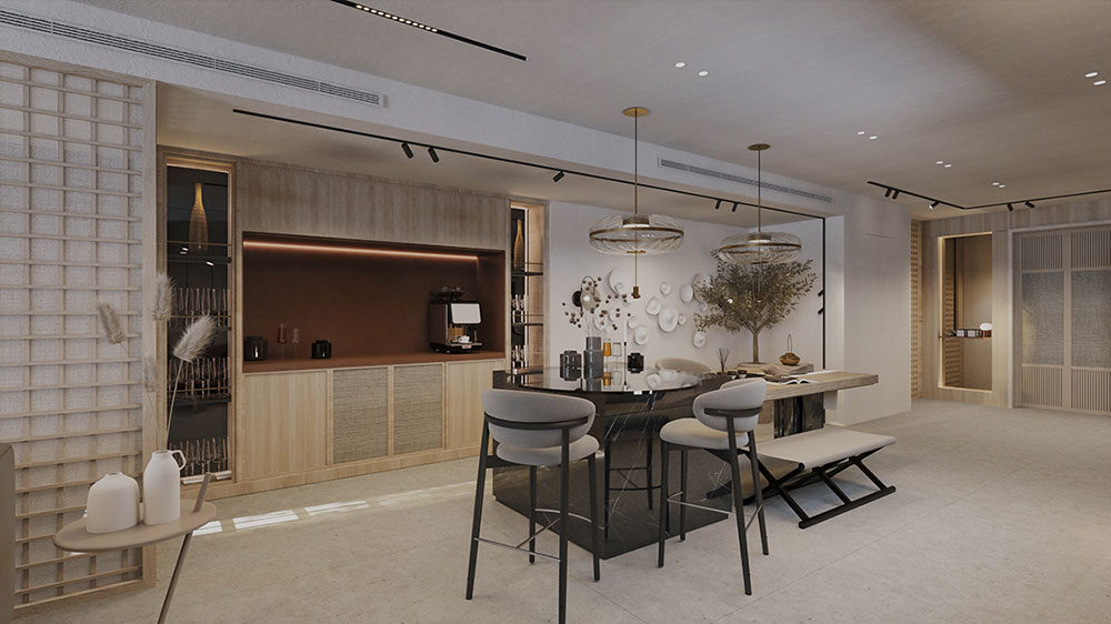 Phòng khách liền bếp 40m2 phong cách Japandi cho nhà phố