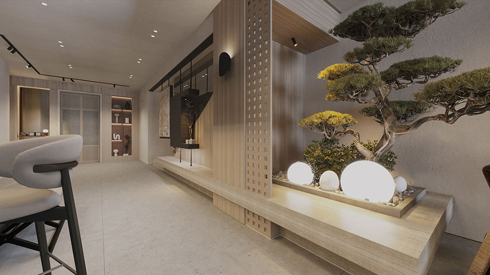 Phòng khách liền bếp 40m2 phong cách Japandi cho nhà phố