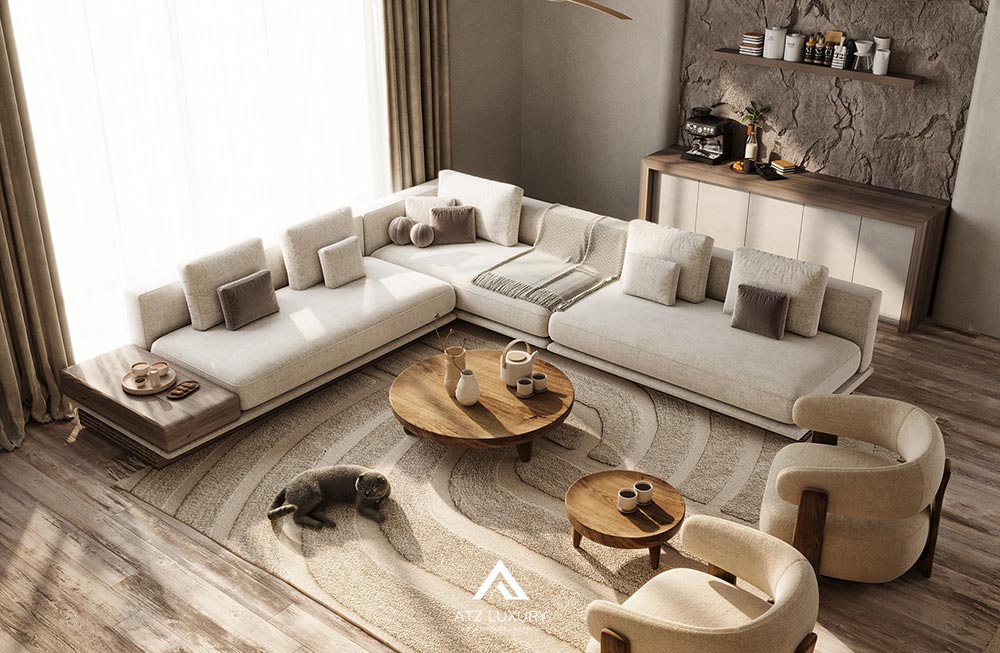 Nội thất phòng khách liền kề bếp 20m2 phong cách Japandi