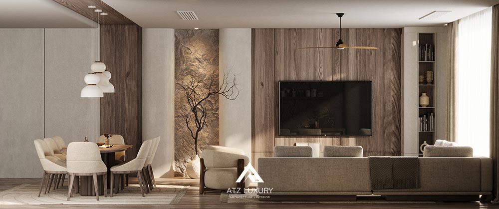 Nội thất phòng khách liền kề bếp 20m2 phong cách Japandi