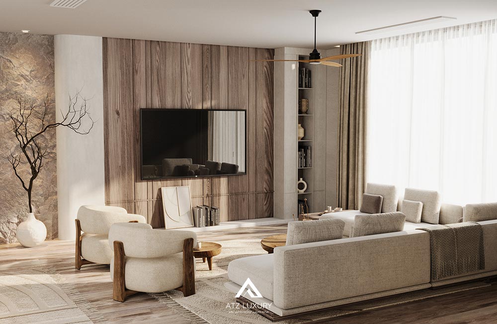 Nội thất phòng khách liền kề bếp 20m2 phong cách Japandi