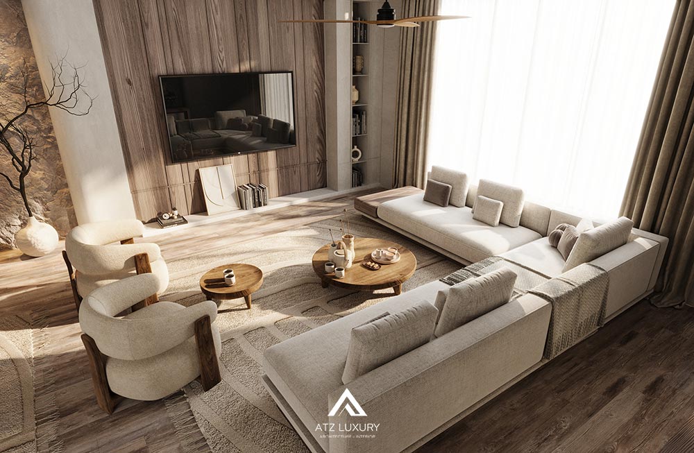 Nội thất phòng khách liền kề bếp 20m2 phong cách Japandi