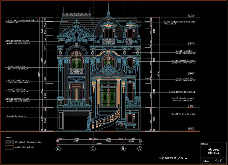 Bản vẽ file cad biệt thự kiểu lâu đài tân cổ điển 3 tầng