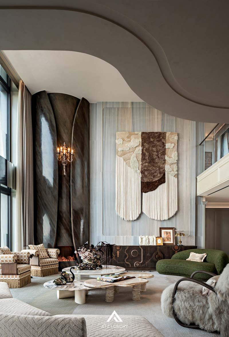 Mẫu nội thất phòng khách thông tầng kiểu Pháp