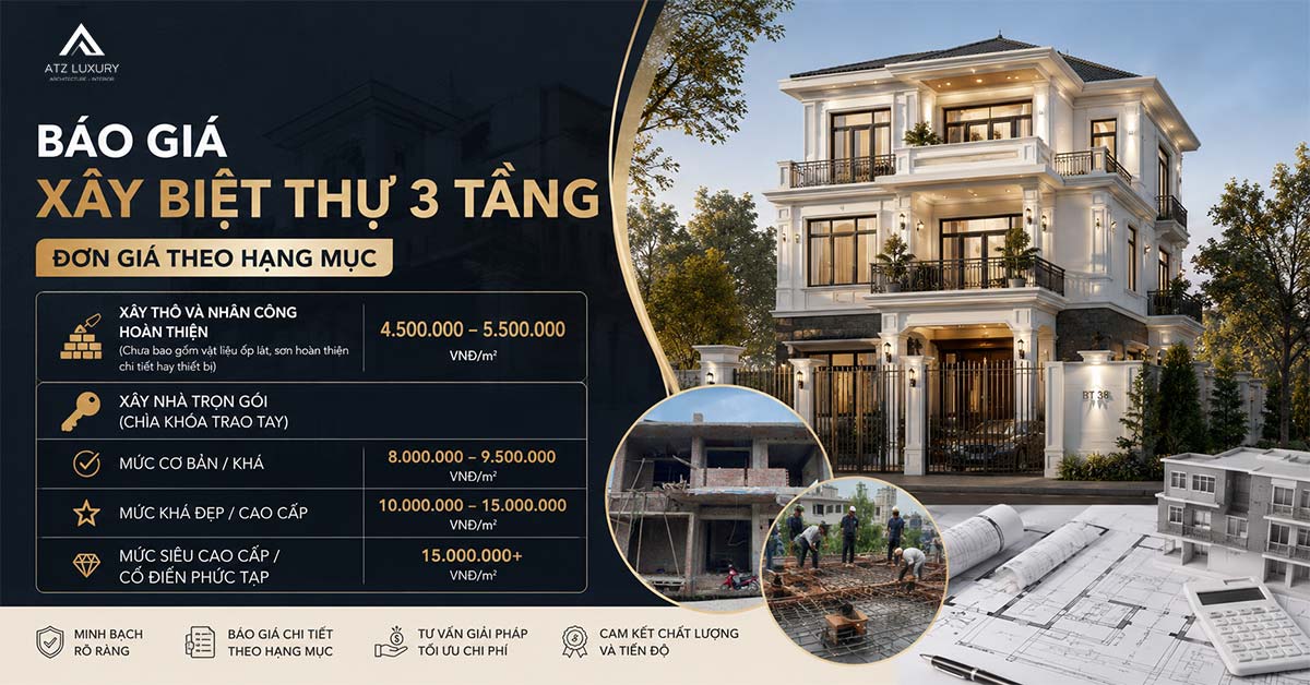 báo giá xây dựng biệt thự 3 tầng